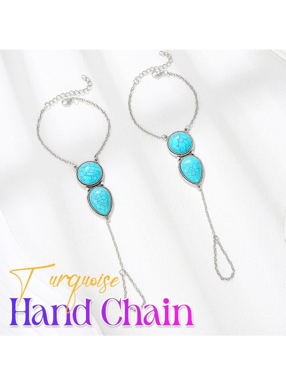 Anthropologie Turquoise and Silver color Hand Chain & Ring Set - Picture 6 of 6